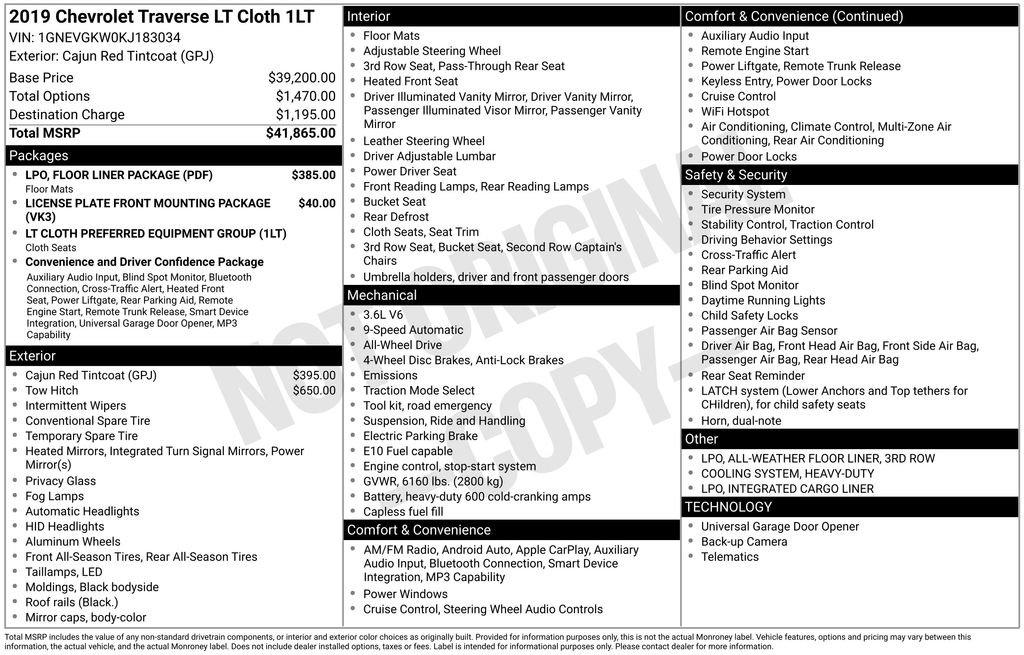 Used 2019 Chevrolet Traverse LT w/ LPO, Floor Liner Package image 17