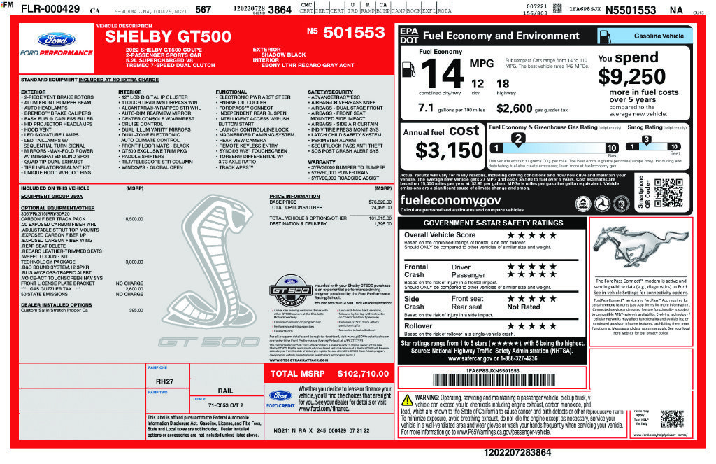 Certified 2022 Ford Mustang Shelby GT500 w/ Carbon Fiber Track Pack RWD image 3