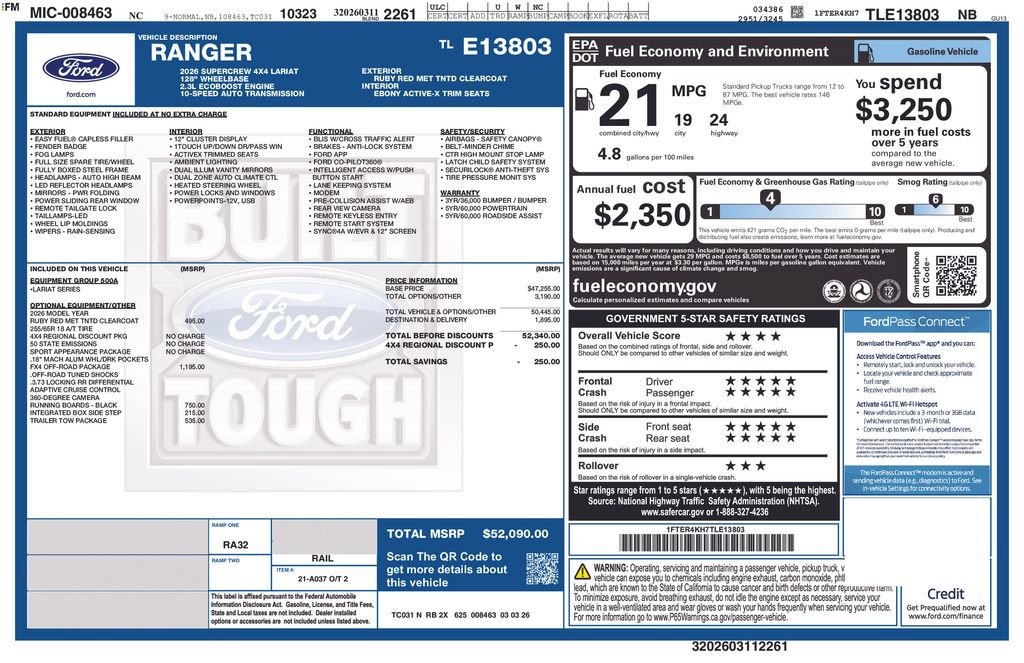 Certified 2026 Ford Ranger Lariat w/ FX4 Off-Road Package AWD/4WD image 7