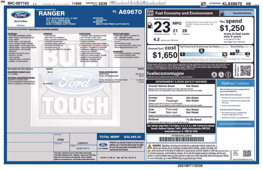 Certified 2019 Ford Ranger XLT w/ Equipment Group 301A Mid RWD image 34