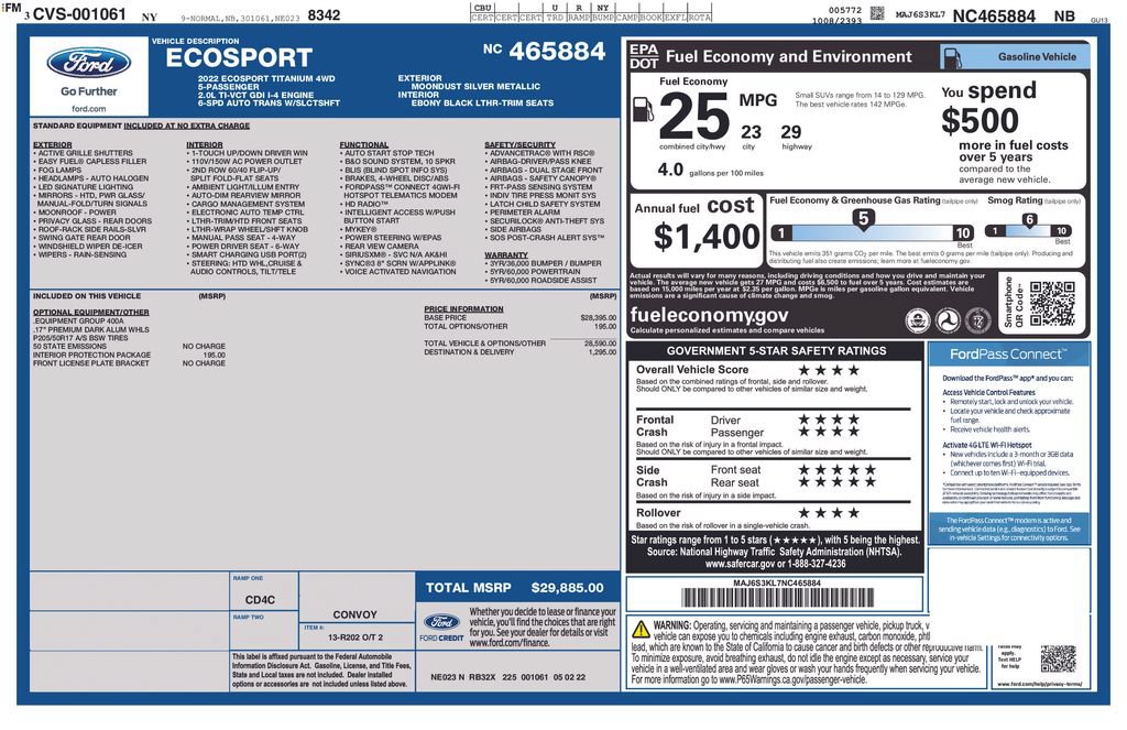 Certified 2022 Ford EcoSport Titanium w/ Interior Protection Package AWD/4WD image 5