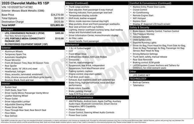 Used 2020 Chevrolet Malibu RS w/ LPO, Convenience Package 2 FWD image 6