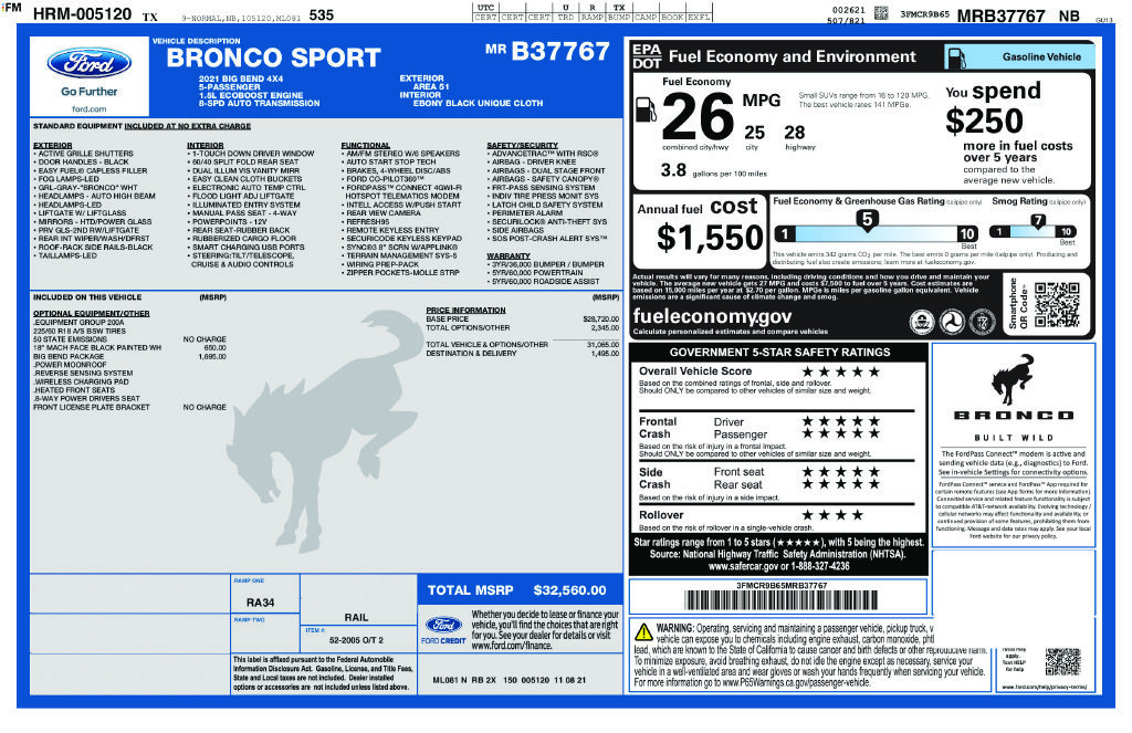 Certified 2021 Ford Bronco Sport Big Bend w/ Big Bend Package AWD/4WD image 36