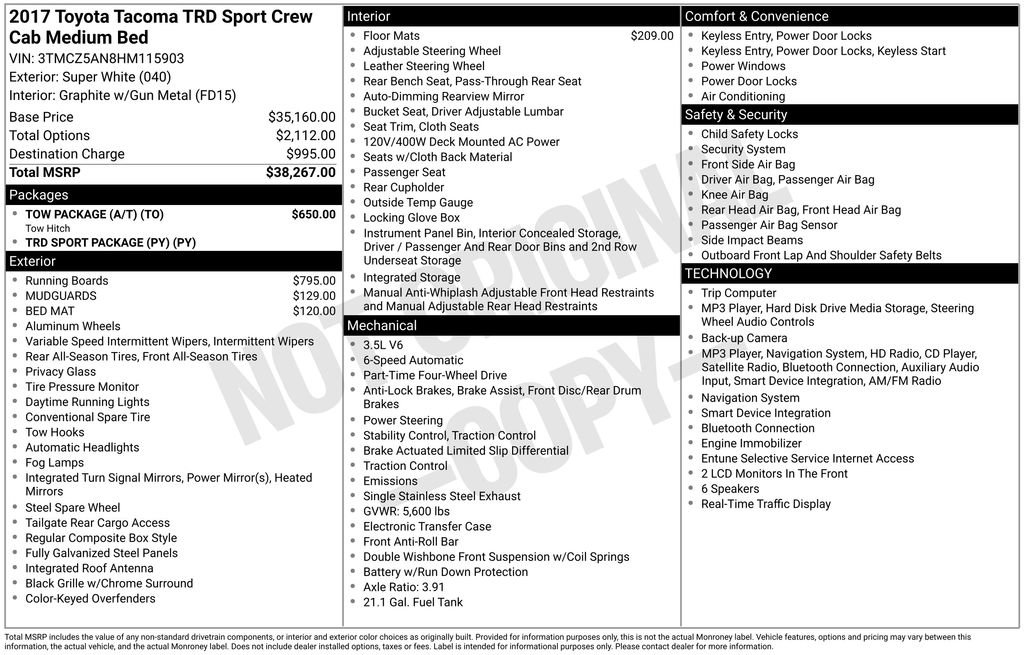 Used 2017 Toyota Tacoma TRD Sport w/ Tow Package (A/T)