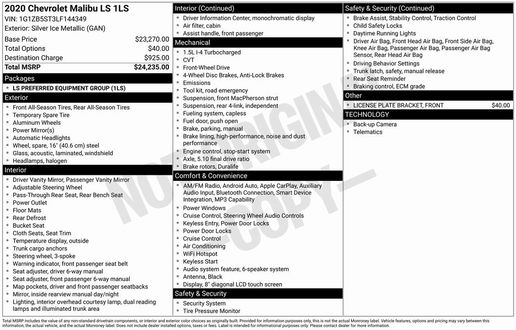 Used 2020 Chevrolet Malibu LS