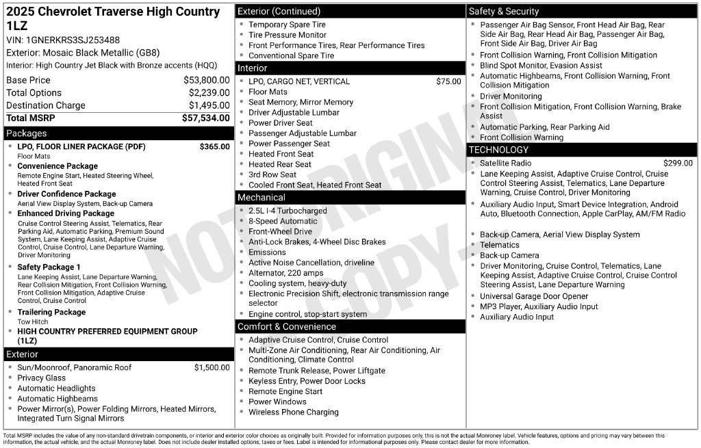 Used 2025 Chevrolet Traverse High Country w/ LPO, Floor Liner Package FWD image 6