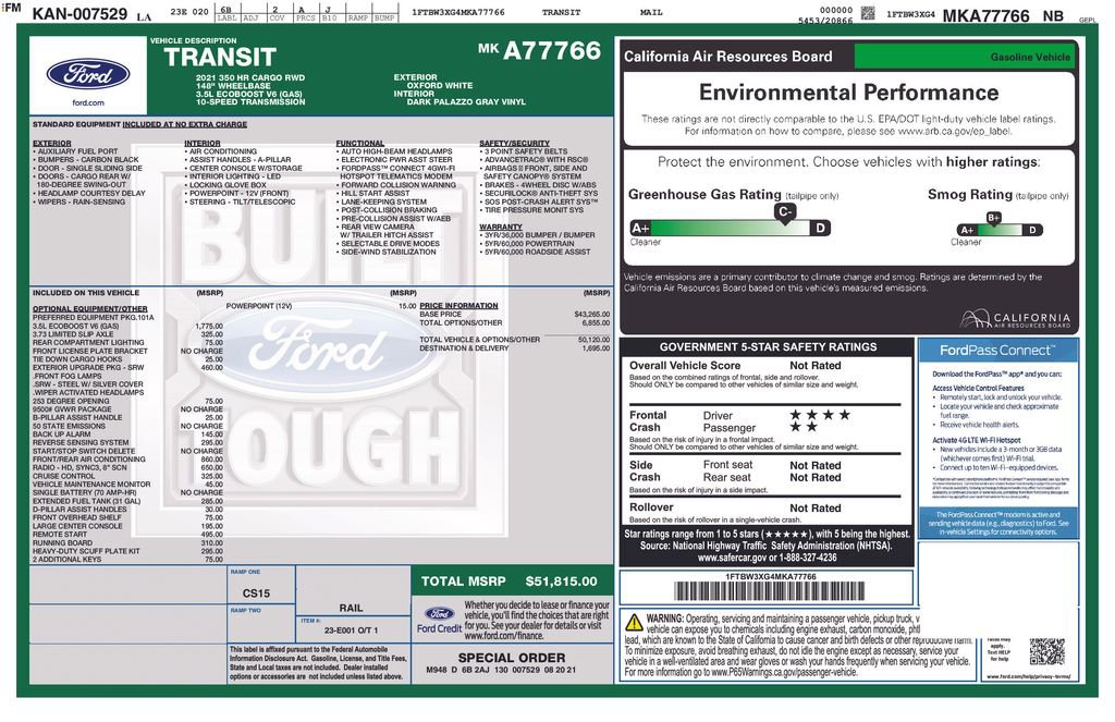 Certified 2021 Ford Transit 350 148 High Roof Extended w/ Exterior Upgrade Package RWD image 2