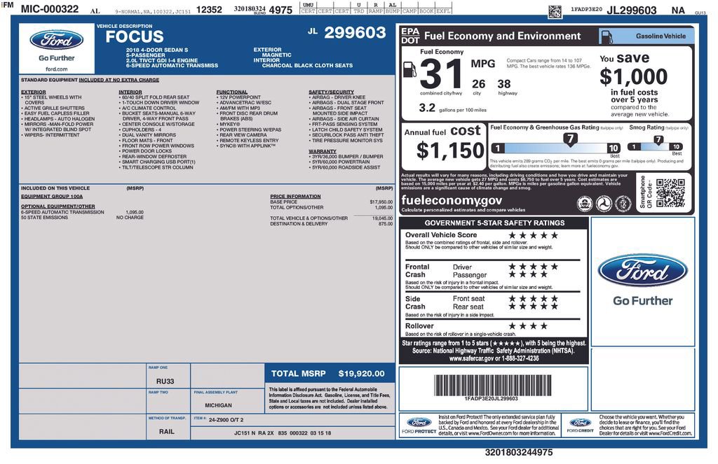 Certified 2018 Ford Focus S FWD image 5