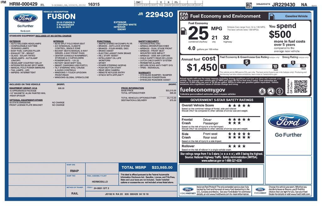 Certified 2018 Ford Fusion S w/ Equipment Group 101A image 9