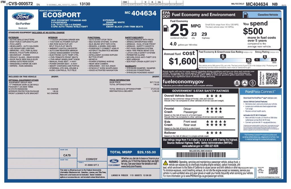 Certified 2021 Ford EcoSport Titanium w/ Interior Protection Package AWD/4WD image 10