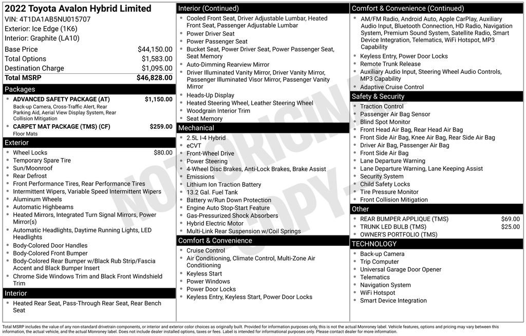 Used 2022 Toyota Avalon Limited w/ Advanced Safety Package FWD image 43