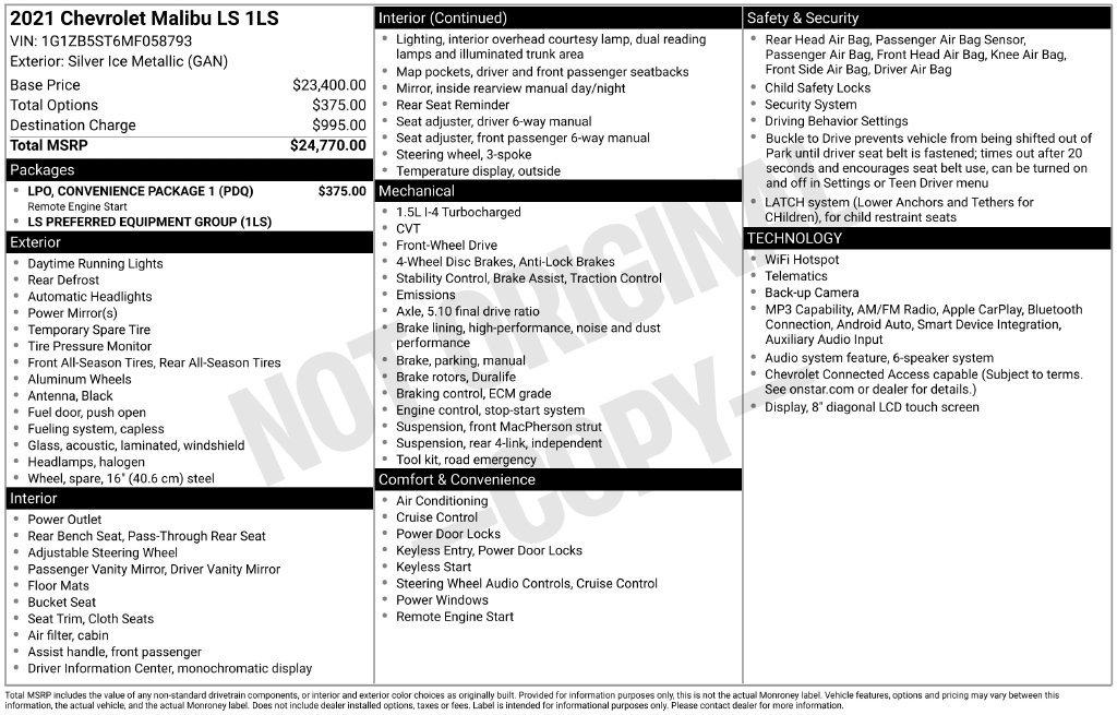 Used 2021 Chevrolet Malibu LS w/ LPO, Convenience Package 1 FWD image 32