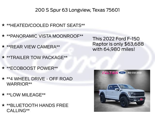 Certified 2022 Ford F150 Raptor w/ Equipment Group 801A High AWD/4WD image 32