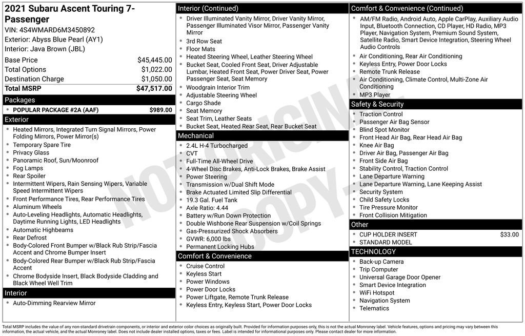 Used 2021 Subaru Ascent Touring w/ Popular Package #2A image 34