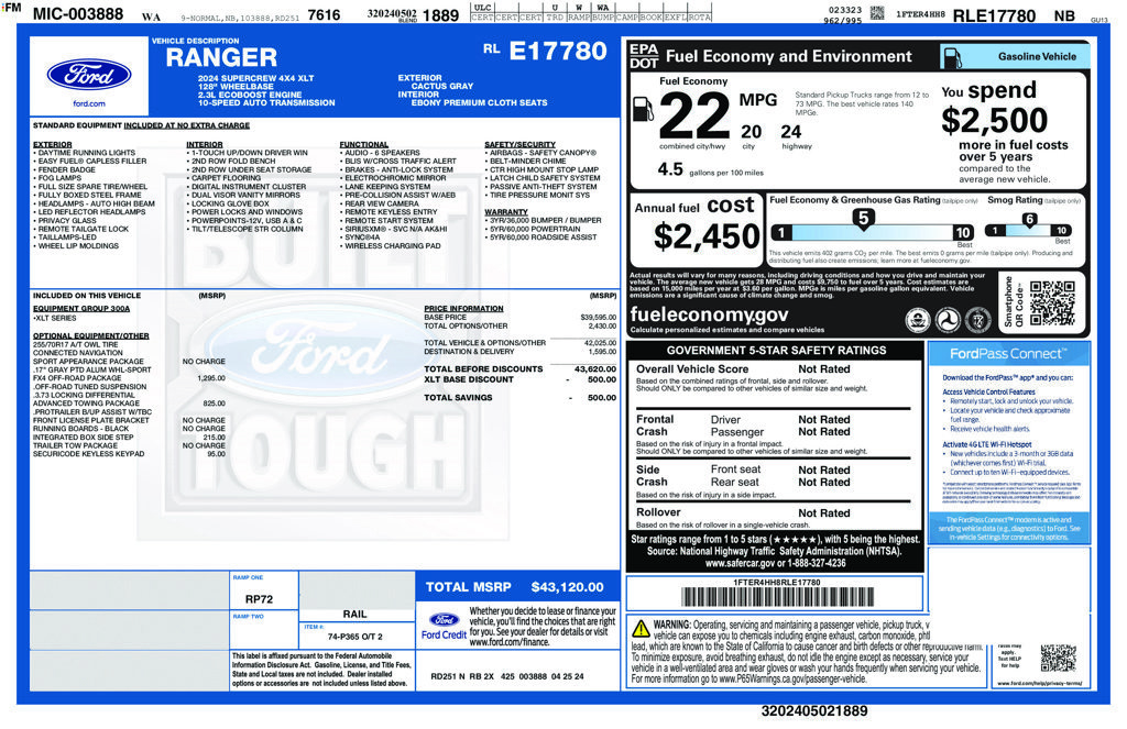 Certified 2024 Ford Ranger XLT w/ FX4 Off-Road Package AWD/4WD image 3