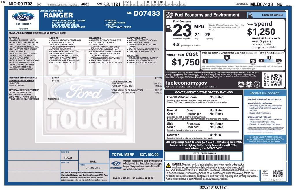 Certified 2021 Ford Ranger XL w/ Equipment Group 101A High image 10
