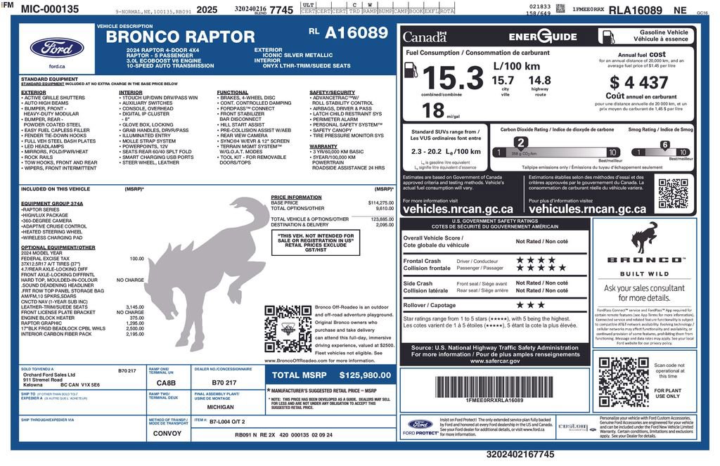 Certified 2024 Ford Bronco Raptor w/ Interior Carbon Fibre Pack image 3