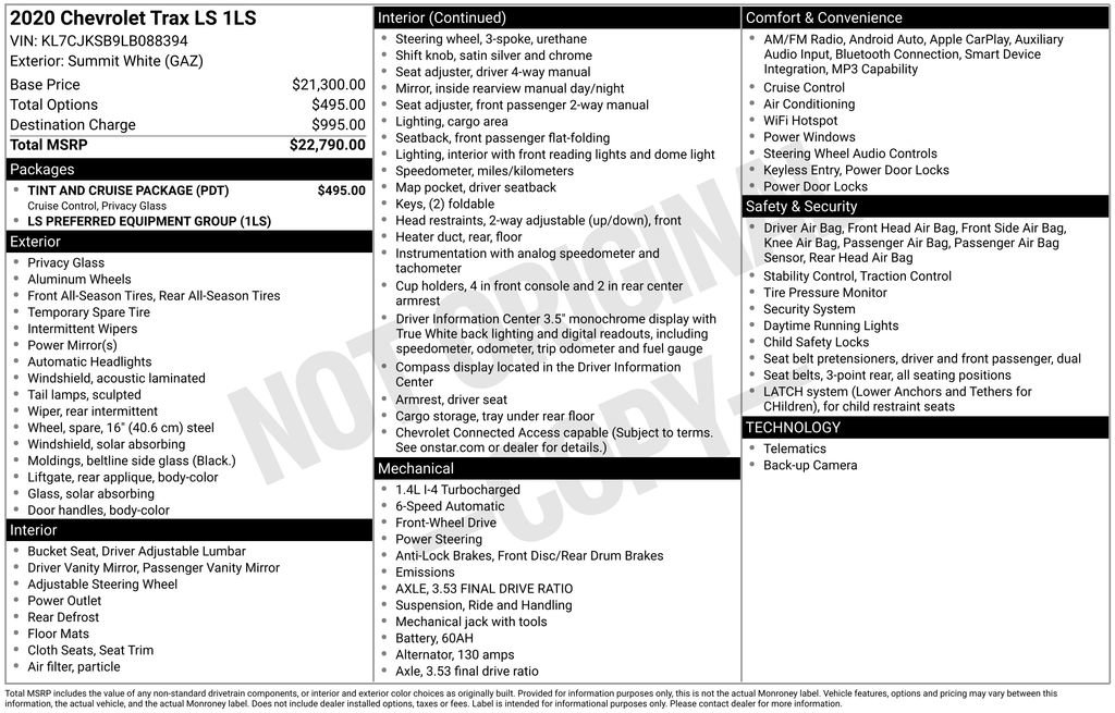 Used 2020 Chevrolet Trax LS w/ Tint and Cruise Package FWD image 7