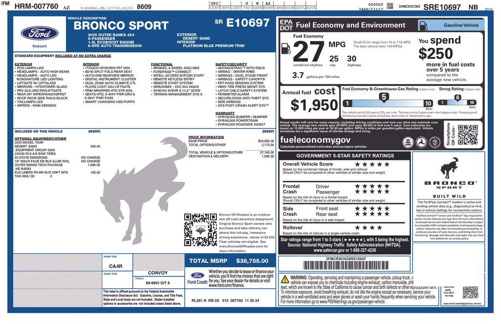 Certified 2025 Ford Bronco Sport Outer Banks w/ Outer Banks Tech Package+ AWD/4WD image 3