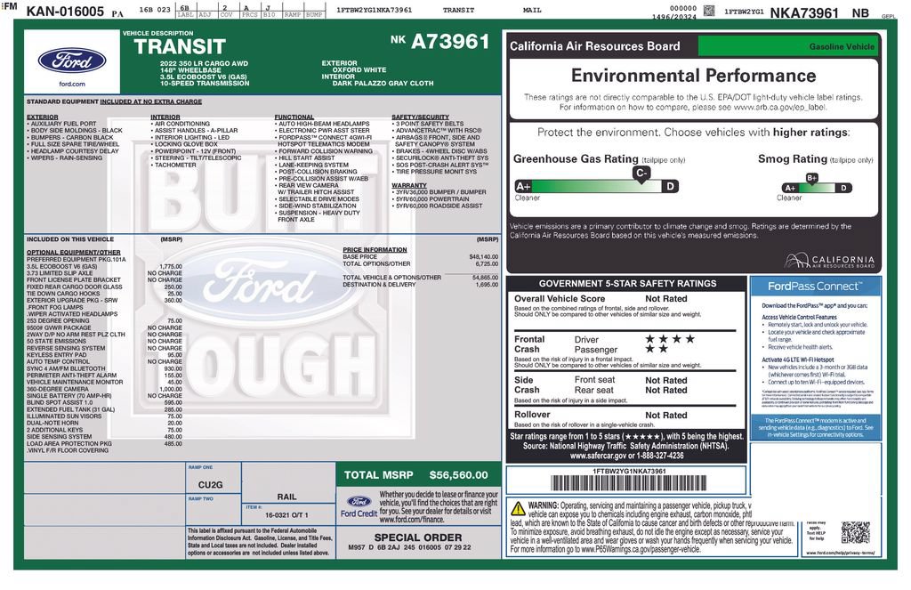 Certified 2022 Ford Transit 350 Low Roof AWD w/ Load Area Protection Package image 32