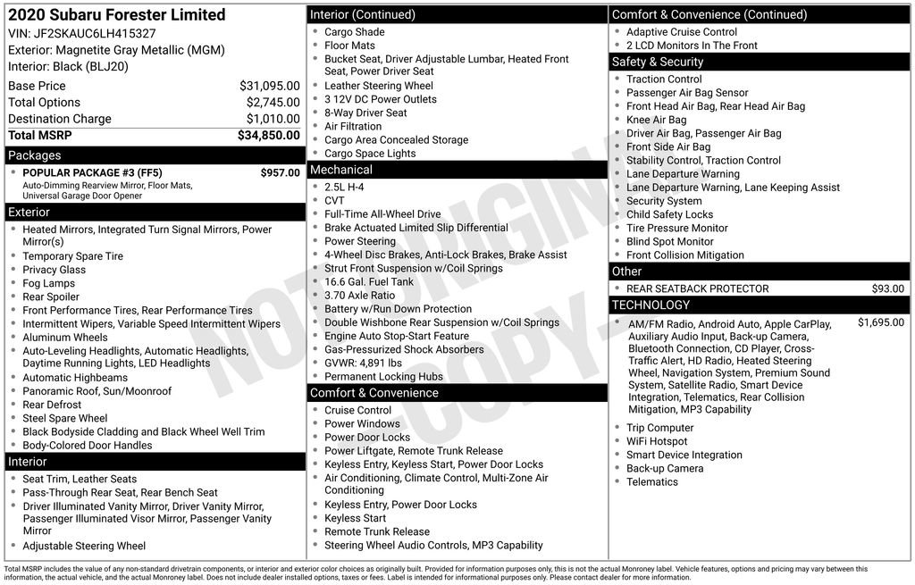 Used 2020 Subaru Forester Limited w/ Popular Package #3 AWD/4WD image 15