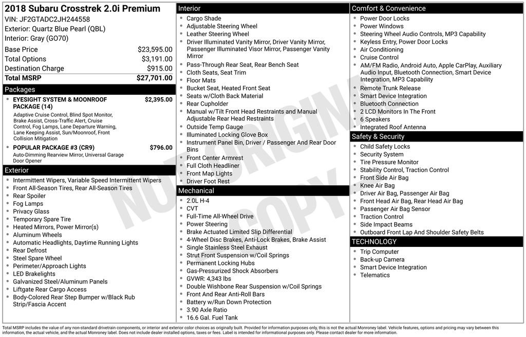Used 2018 Subaru Crosstrek 2.0i Premium AWD/4WD image 10