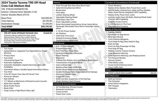 Used 2024 Toyota Tacoma TRD Off-Road w/ TRD Off Road Upgrade Package AWD/4WD image 42