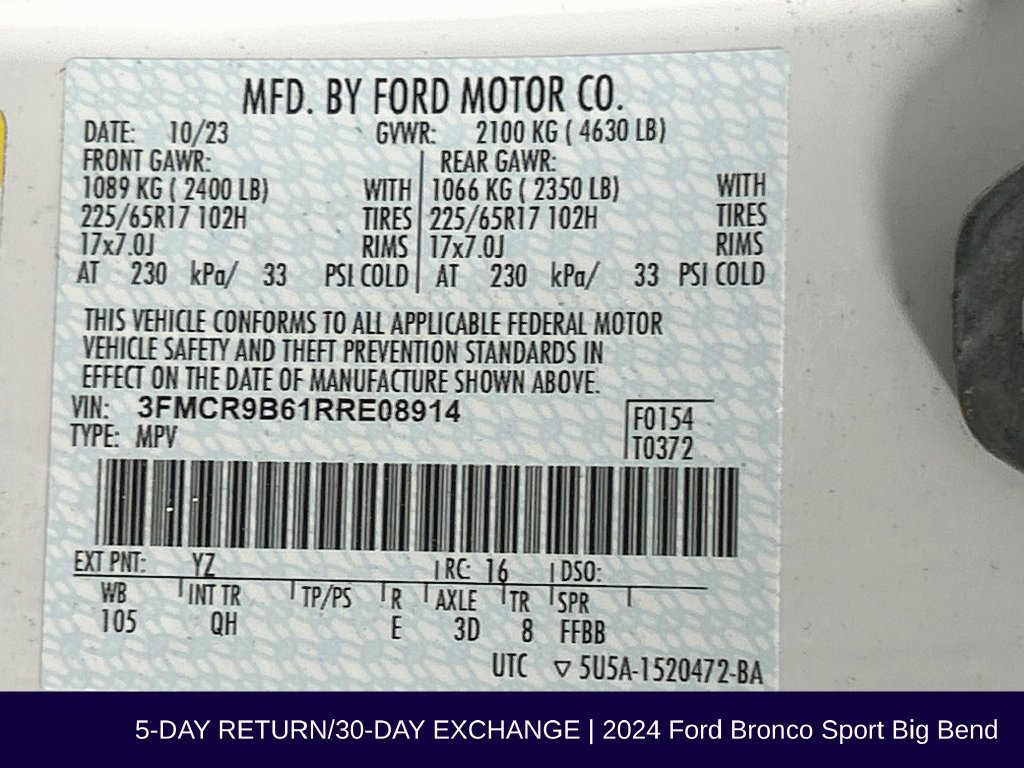 Certified 2024 Ford Bronco Sport Big Bend w/ Convenience Package AWD/4WD image 36