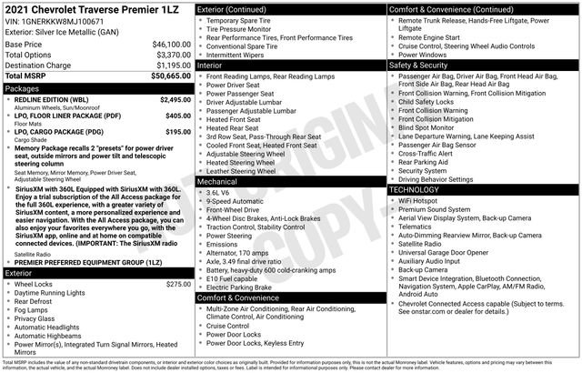 Used 2021 Chevrolet Traverse Premier w/ Redline Edition FWD image 38