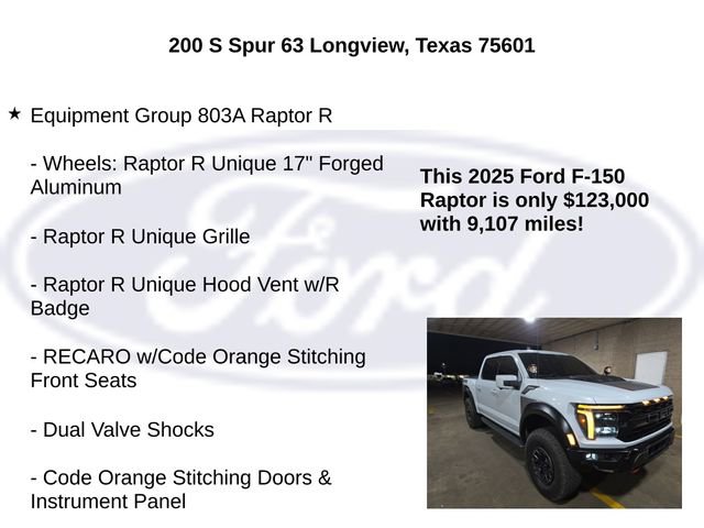 Certified 2025 Ford F150 Raptor w/ Equipment Group 803A Raptor R image 10