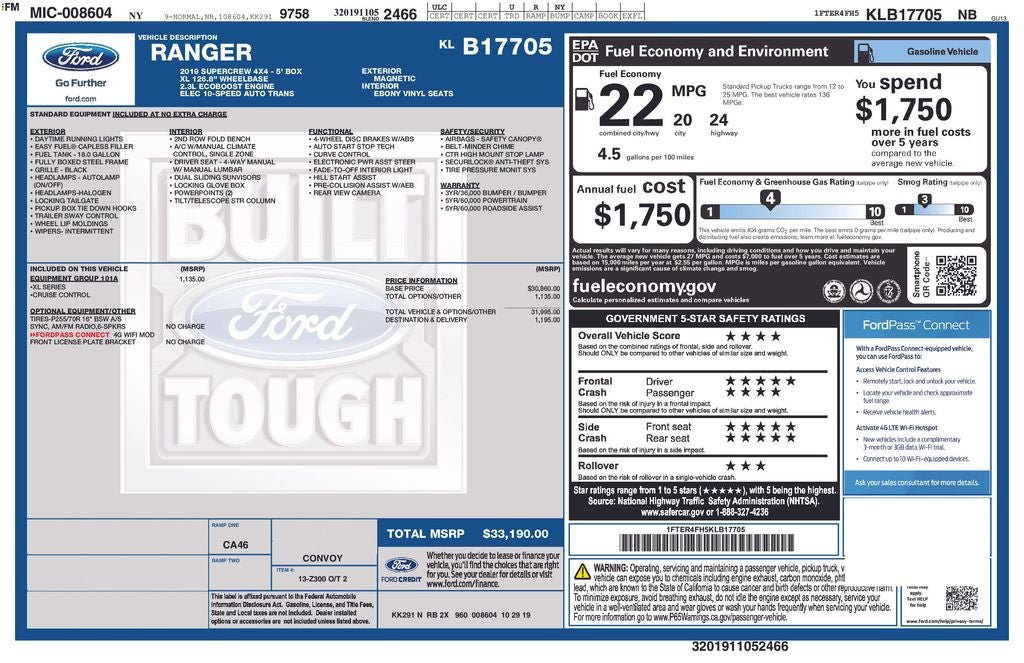 Certified 2019 Ford Ranger XL w/ Equipment Group 101A Mid AWD/4WD image 37