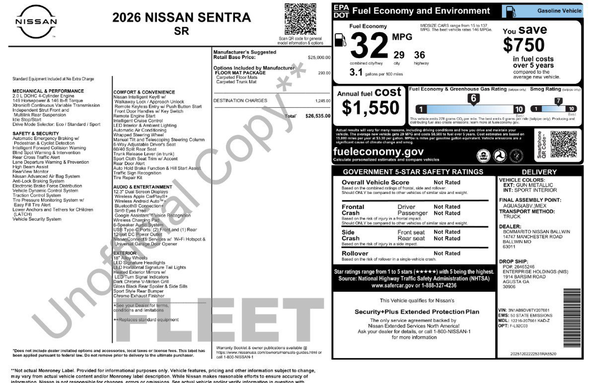 Used 2026 Nissan Sentra SR w/ Floor Mat Package FWD image 27