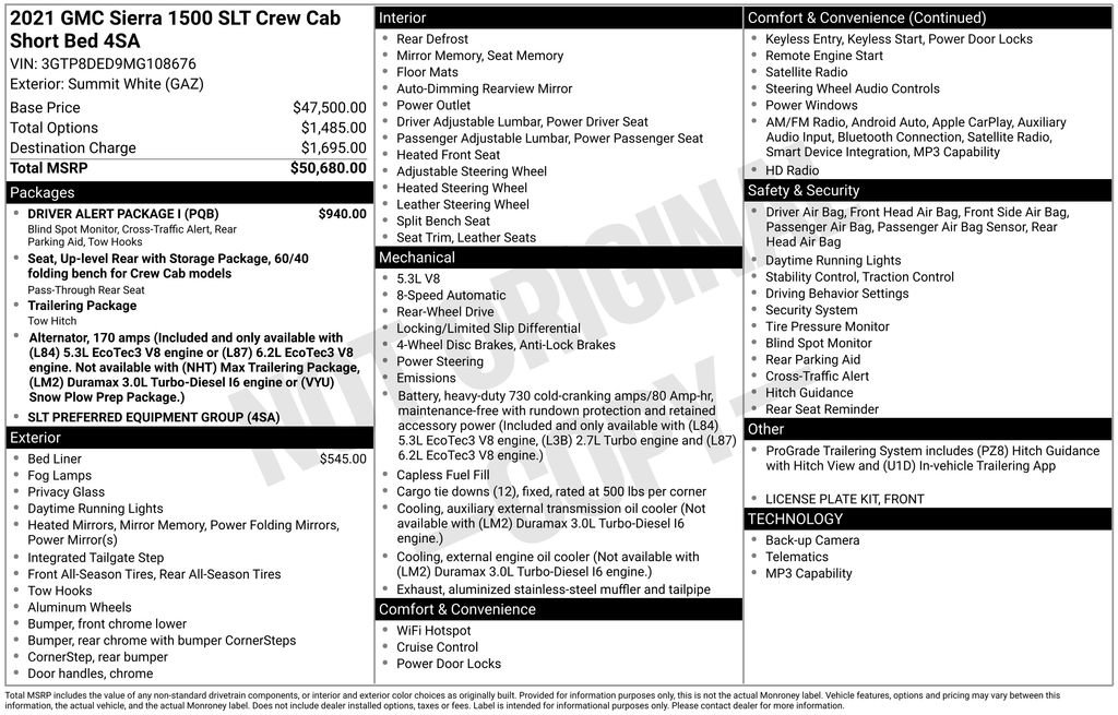 Used 2021 GMC Sierra 1500 SLT w/ Driver Alert Package I RWD image 55