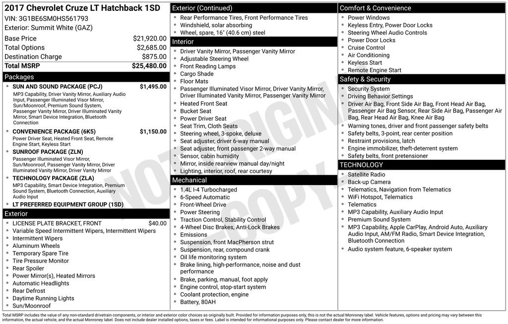 Used 2017 Chevrolet Cruze LT w/ Sun And Sound Package FWD image 8