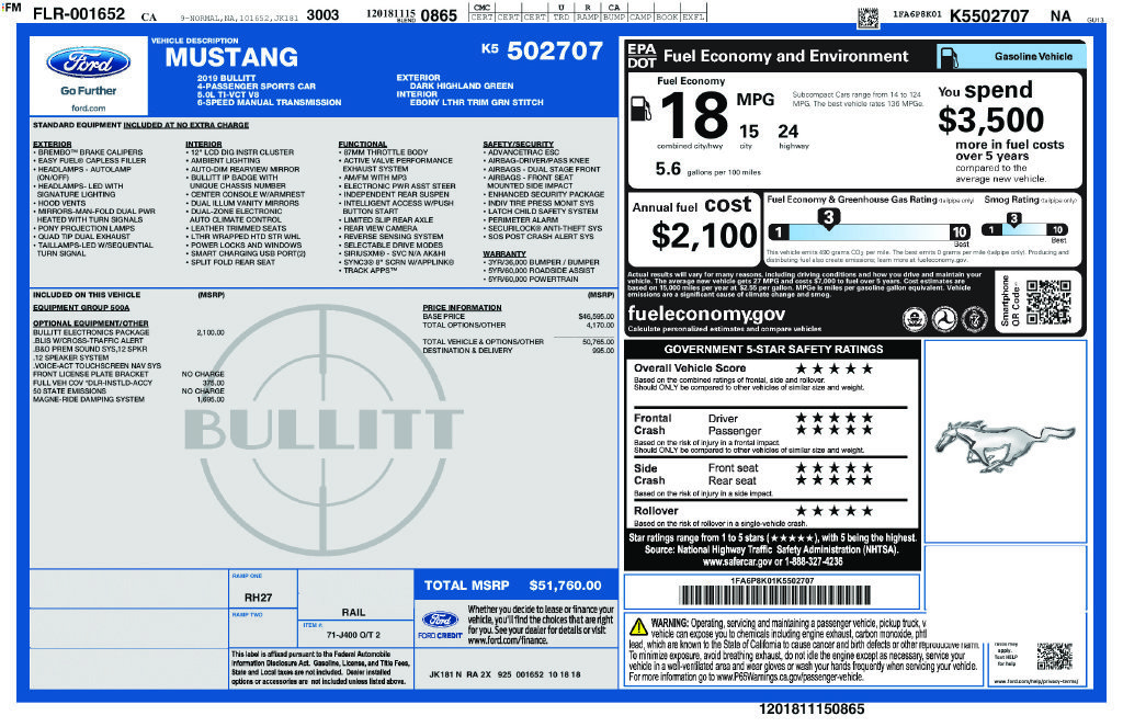 Certified 2019 Ford Mustang Bullitt w/ Bullitt Electronics Package RWD image 3