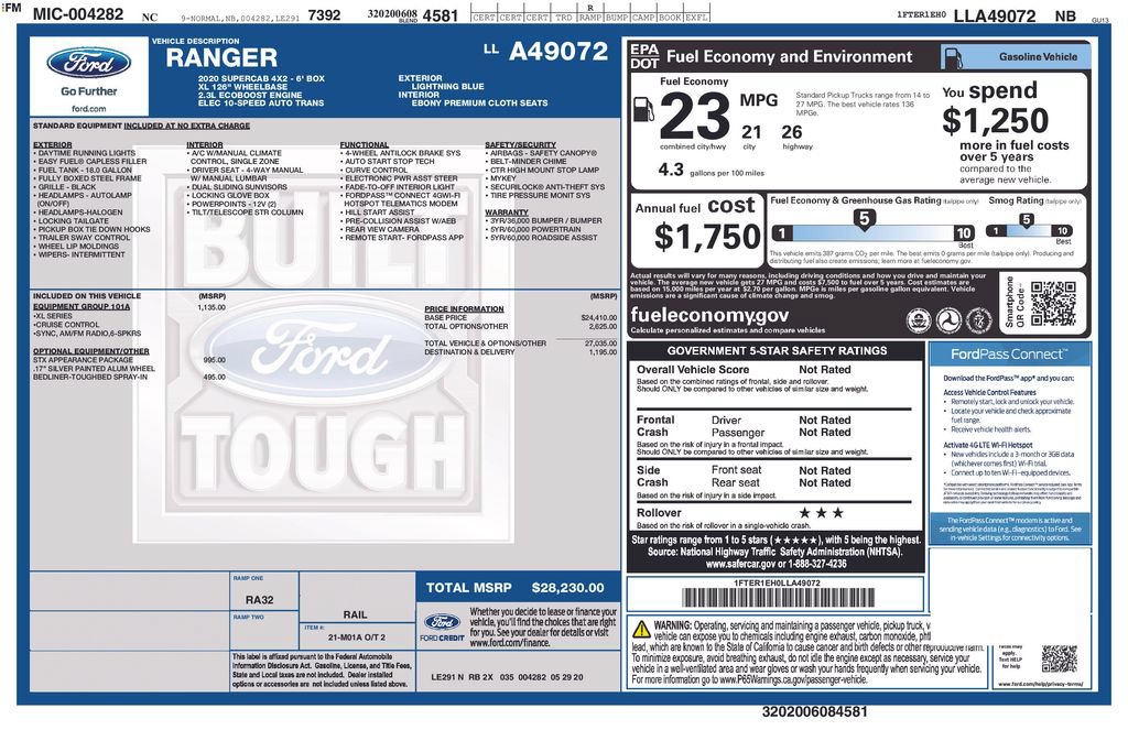 Certified 2020 Ford Ranger XL w/ Equipment Group 101A Mid RWD image 34