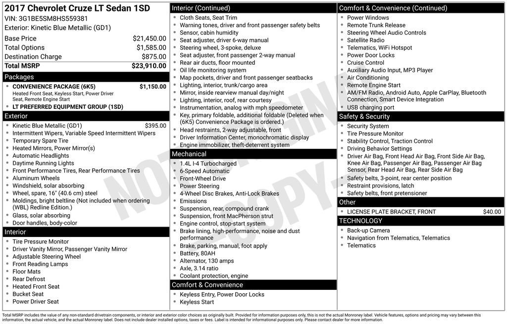 Used 2017 Chevrolet Cruze LT w/ Convenience Package image 10