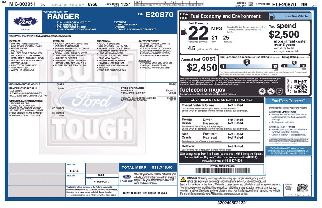 Certified 2024 Ford Ranger XLT w/ Equipment Group 301A High RWD image 2