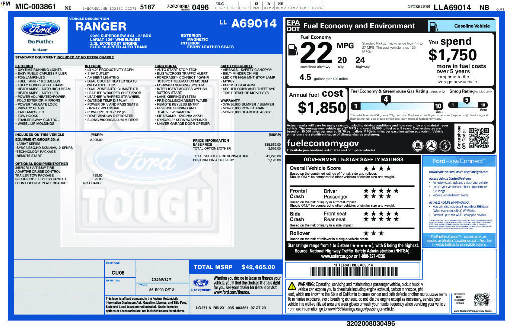 Certified 2020 Ford Ranger Lariat w/ Equipment Group 501A Mid AWD/4WD image 35