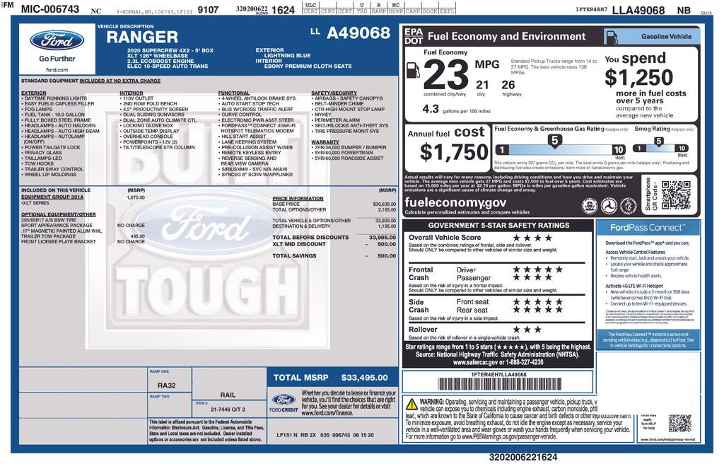 Certified 2020 Ford Ranger XLT w/ Equipment Group 301A Mid image 14