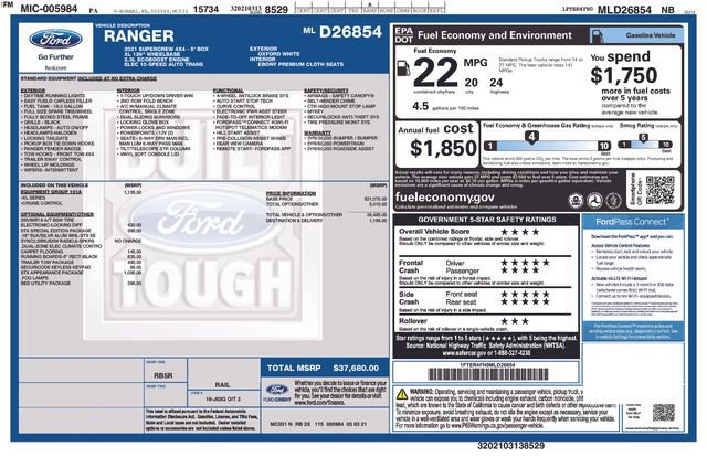 Certified 2021 Ford Ranger XL w/ Equipment Group 101A High image 9