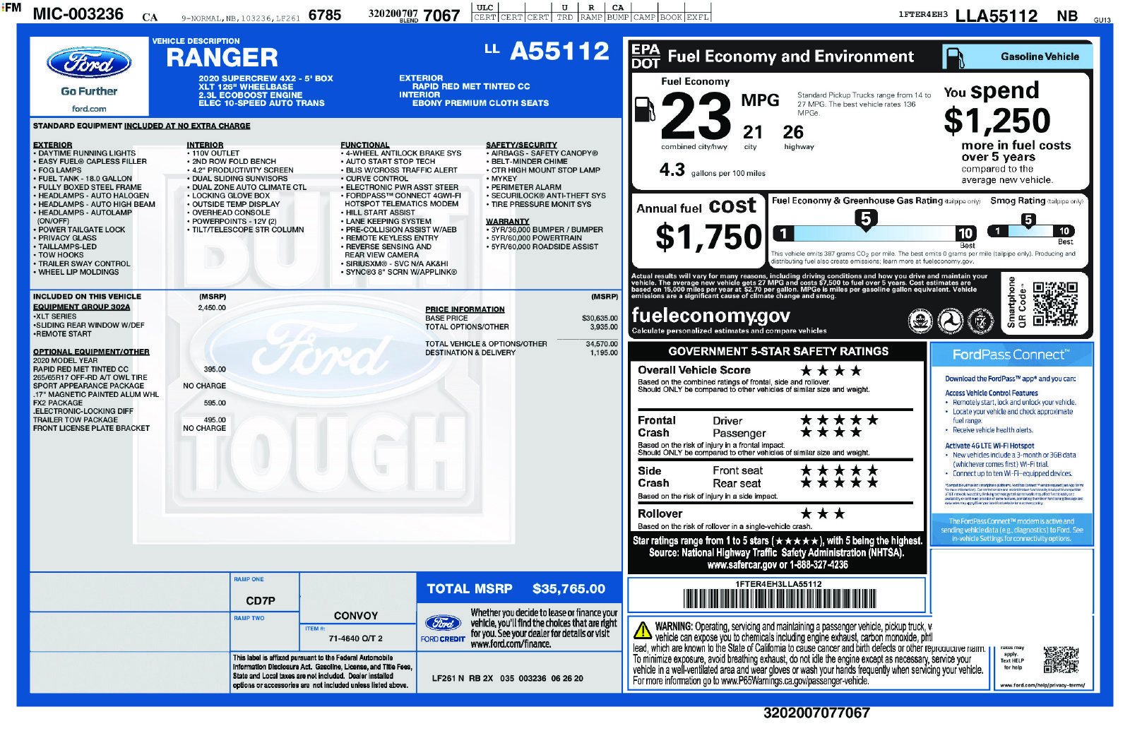 Certified 2020 Ford Ranger XLT w/ Equipment Group 302A Luxury RWD image 33