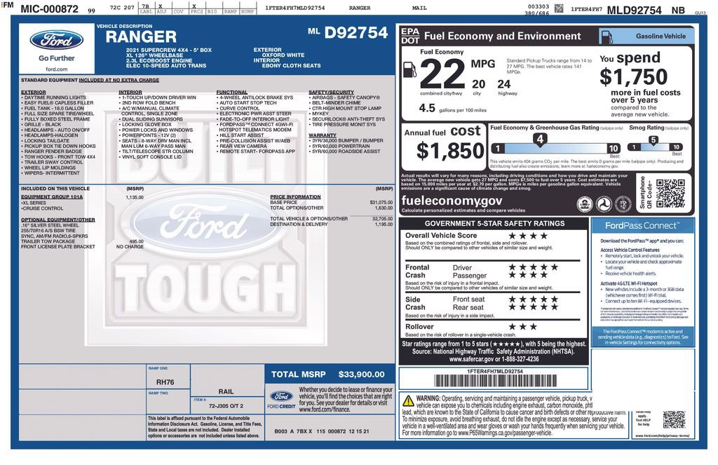 Certified 2021 Ford Ranger XL w/ Equipment Group 101A High AWD/4WD image 3
