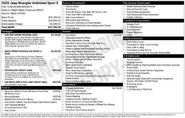 Used 2020 Jeep Wrangler Unlimited Sport S w/ Sun And Sound Package AWD/4WD image 5