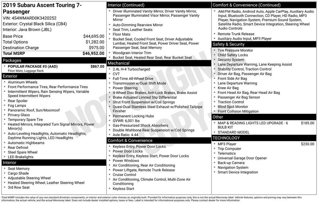 Used 2019 Subaru Ascent Touring w/ Popular Package #3 image 10