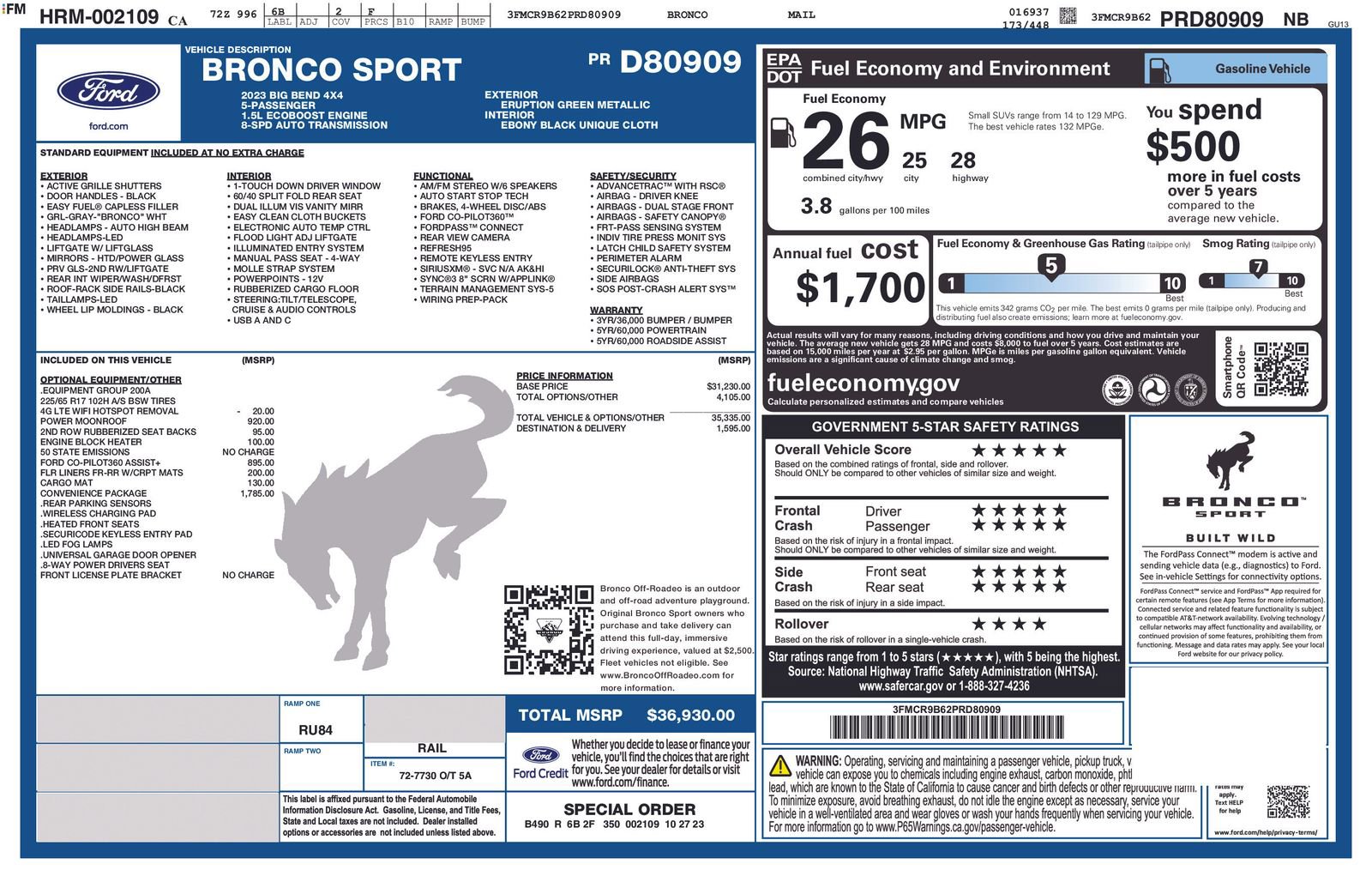 Certified 2023 Ford Bronco Sport Big Bend w/ Convenience Package AWD/4WD image 5