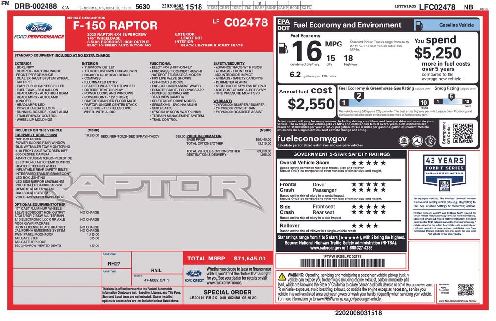 Certified 2020 Ford F150 Raptor w/ Equipment Group 802A Luxury AWD/4WD image 2
