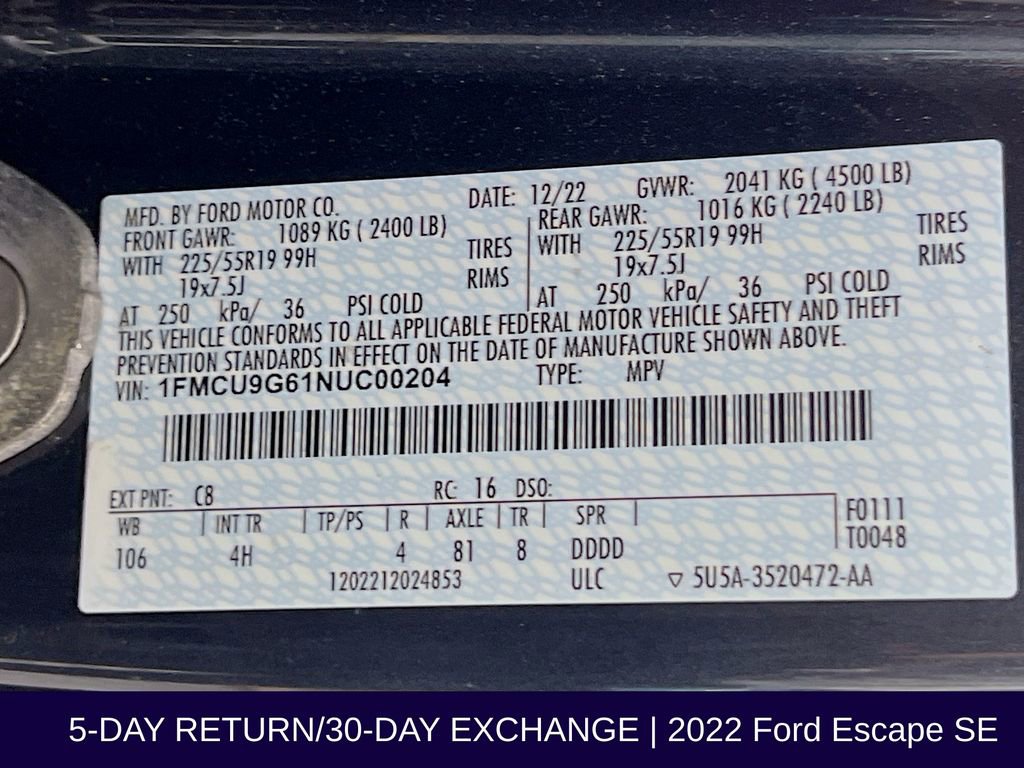 Certified 2022 Ford Escape SE w/ SE Sport Appearance Package AWD/4WD image 37
