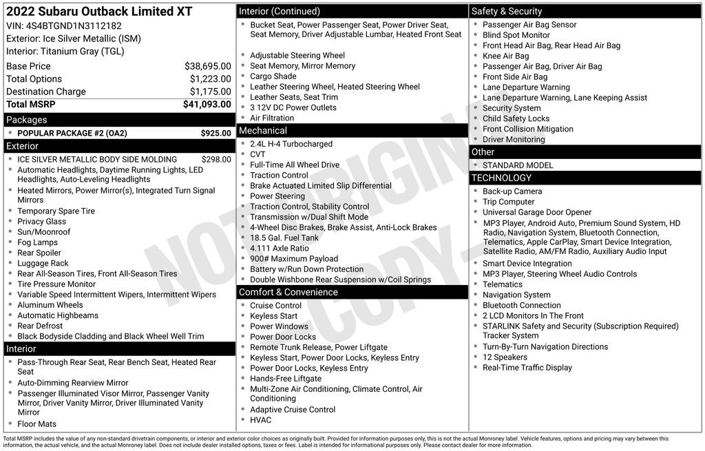 Used 2022 Subaru Outback Limited XT w/ Popular Package #2 AWD/4WD image 13