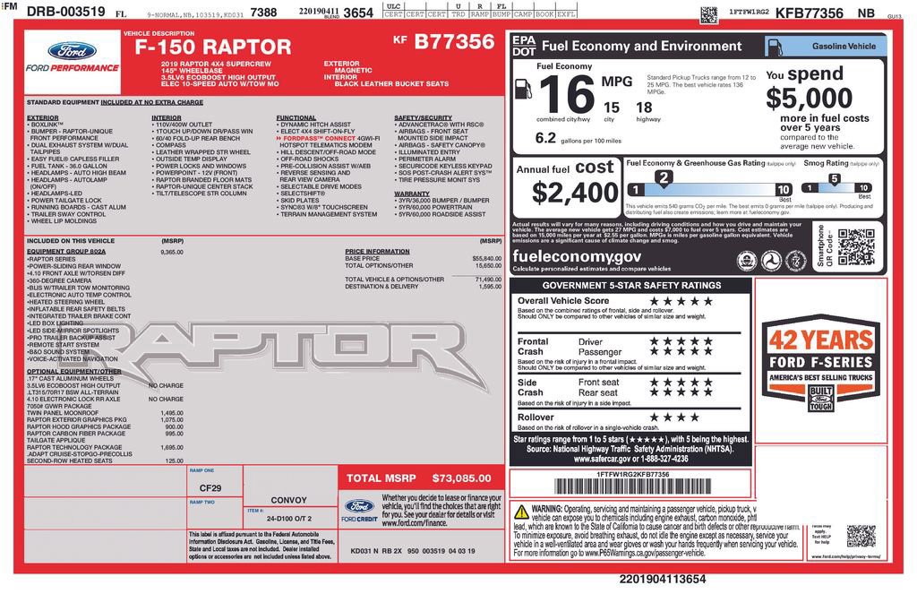 Certified 2019 Ford F150 Raptor w/ Equipment Group 802A Luxury image 4